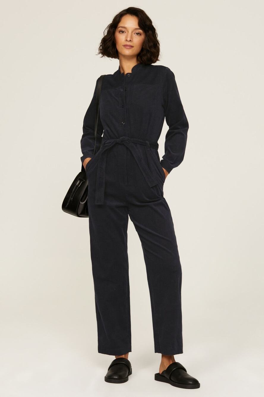 A.P.C. Justine Navy Blue Corduroy Long Sleeve Button Front Jumpsuit Size S
